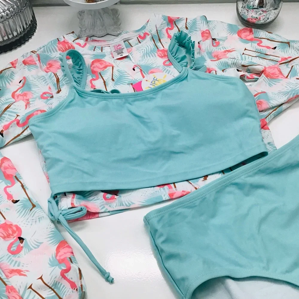 Ruffle Butts Aqua Flamingos Rashguard Swim Set Sz 16